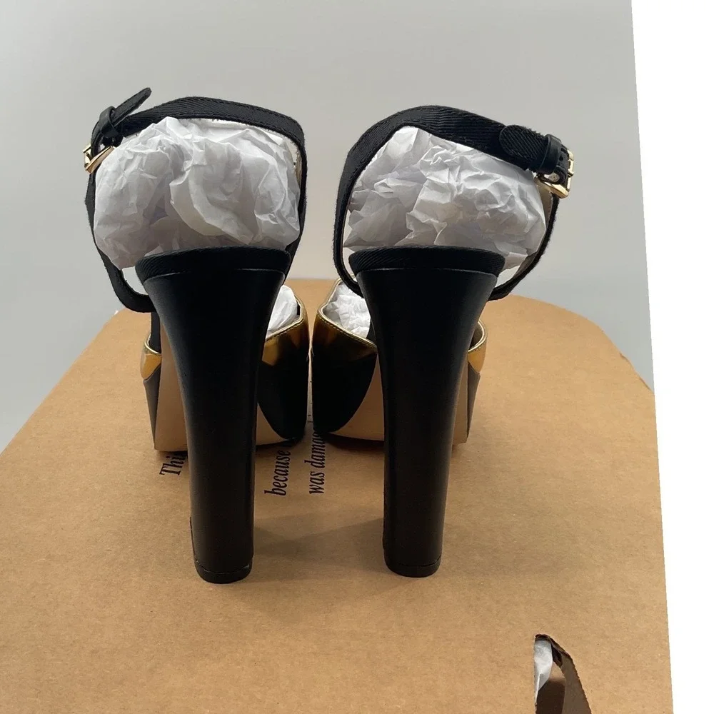 Michael Kors Bennett Gold Black Platform Block Heel Sandals Womens 6M Resort 19